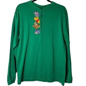 Vintage Disney Mickey Inc Henley Green Embroidered Winnie the Pooh 100% Cotton M